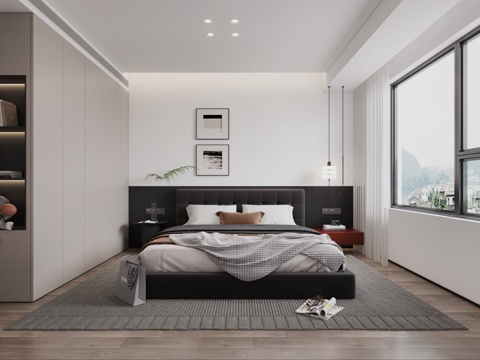  现代黑白灰卧室 黑白灰卧室 黑白灰主卧 黑白灰床 黑白灰床头3d模型 