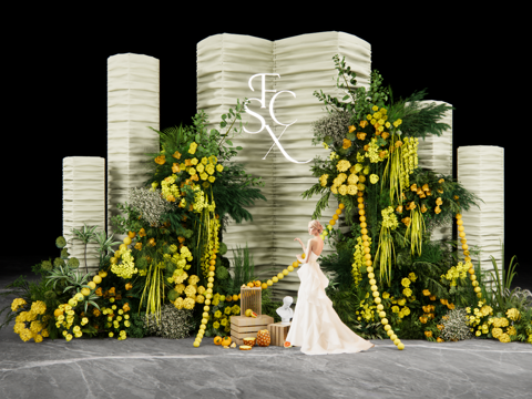 小众布幔造型 黄绿花艺婚礼美陈su模型