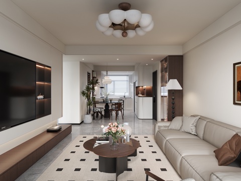  现代中古风客餐厅3d模型 