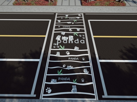 现代熊猫主题创意艺术彩绘网红趣味道路斑马线su模型