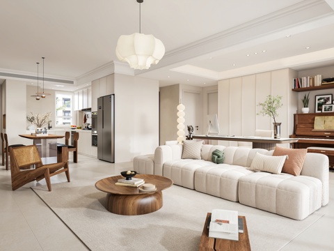  奶油风客餐厅 开放厨房 书房 钢琴3d模型 