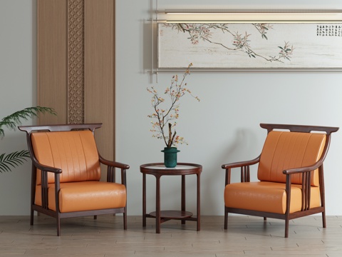 新中式休闲椅圆几su模型