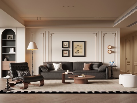 法式复古风客厅 沙发茶几组合 沙发背景墙su模型