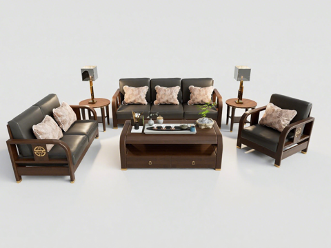 新中式客厅沙发茶几组合 茶具文房四宝 深木皮革沙发su模型