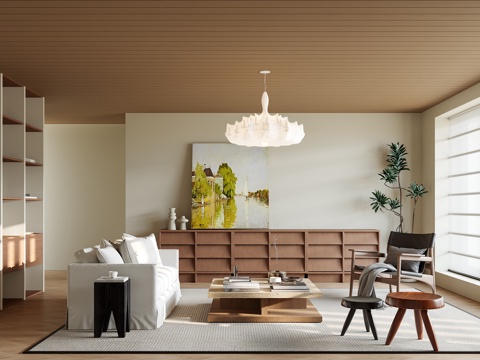 复古风客厅 壁柜 矮柜 沙发组合 茶几组合 挂画 吊灯su模型