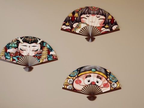 现代新中式扇子 墙饰su模型