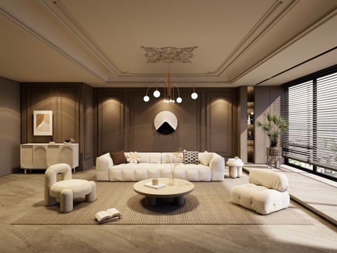现代法式客厅 法式奶油风客厅 沙发背景墙 沙发茶几组合su模型