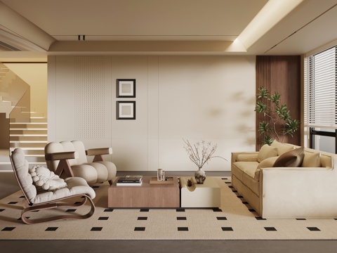 中古风客厅 沙发茶几组合 背景墙su模型