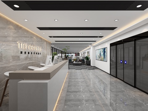  现代办公室公区办公室前台3d模型 
