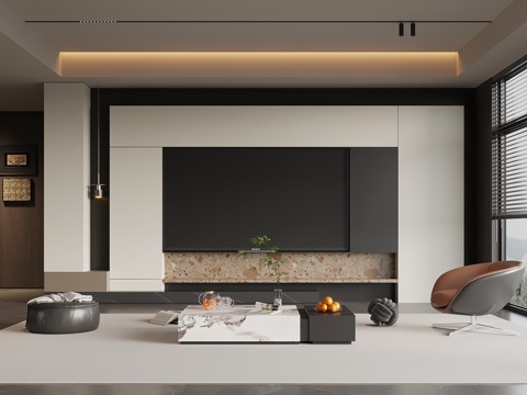 现代意式客厅 电视柜 电视背景墙 沙发茶几组合su模型