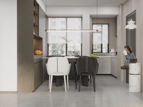  现代意式风餐厅 开放式厨房 餐边柜 墙板 艺术品摆件 入户门3d模型 