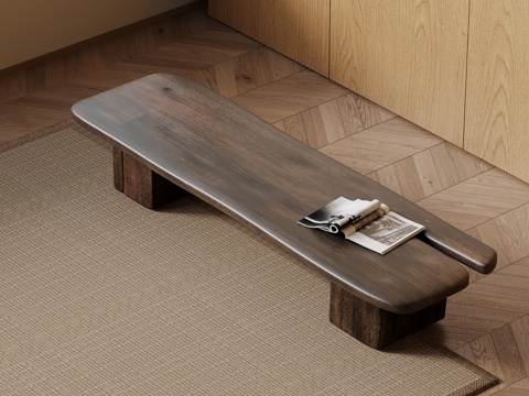 侘寂风床尾凳 实木长条凳su模型