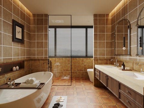  中古风卫生间 浴室柜 浴缸3d模型 