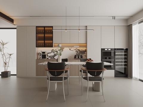 现代餐厅 餐桌椅 酒柜su模型