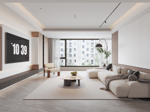 现代家居客厅 多人沙发 茶几 边几 休闲椅 落地灯 摆件 电su模型