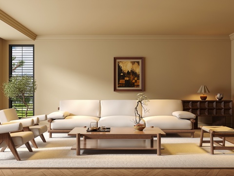 中古侘寂风客厅 沙发茶几组合 绿植 饰品摆件 台灯  背景墙su模型