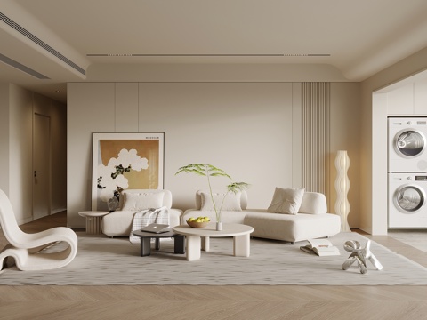 现代奶油风客厅 沙发茶几组合 沙发背景墙su模型