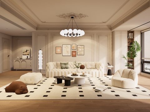 法式奶油风别墅客厅 法式客厅 沙发茶几组合 吊灯 玄关柜 挑su模型