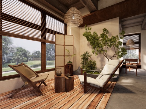 侘寂中古阳台 别墅阳台 阳台景观 柚木 胡桃木休闲椅 躺椅su模型