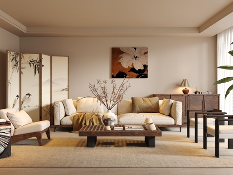 中古侘寂风客厅 沙发茶几组合 绿植 饰品摆件 台灯  背景墙su模型