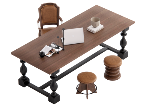 复古中古风书桌椅su模型