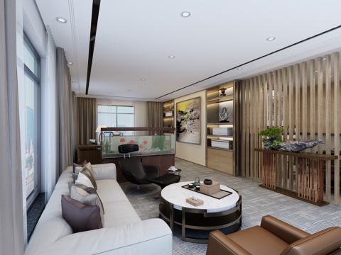  新中式现代老总办公室3d模型 