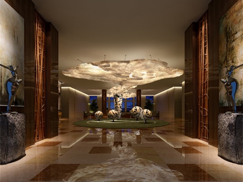  酒店大堂 吊灯 植物 水池 楼梯 台灯3d模型 