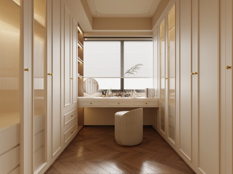  法式奶油风衣帽间 衣柜 梳妆台su模型 