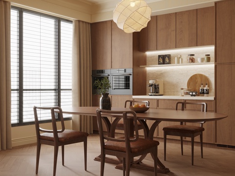 中古风餐厅 餐桌椅 餐边柜su模型