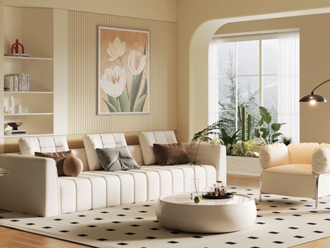 现代奶油风客厅 沙发茶几组合su模型