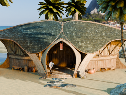 茅草屋 竹屋 木屋 树屋 海景打卡民宿 部落房屋su模型