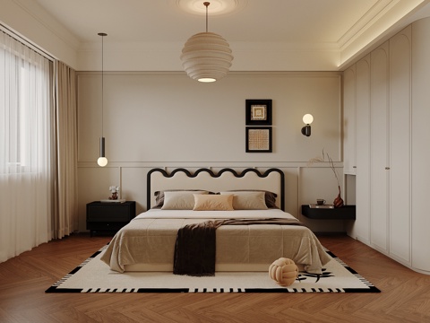 法式卧室 双人床 中古风卧室 衣柜su模型