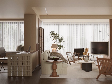 中古风客厅 复古风客厅 沙发茶几组合 中古风多人沙发 休闲椅su模型