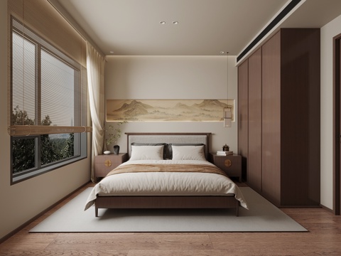 新中式卧室 宋氏风卧室 双人床 衣柜su模型