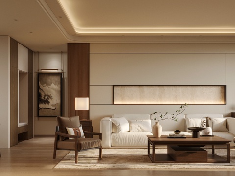 新中式禅意客餐厅 中式客餐厅 宋式美学客餐厅 沙发茶几组合su模型