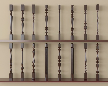 新中式实木楼梯扶手 护栏 立柱 栏杆su模型