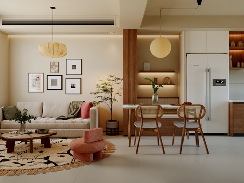  奶油原木客餐厅3d模型 