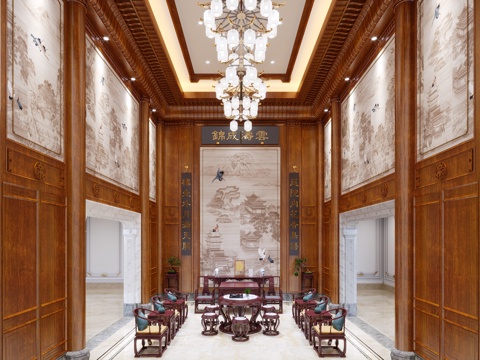  新中式别墅客厅3d模型 