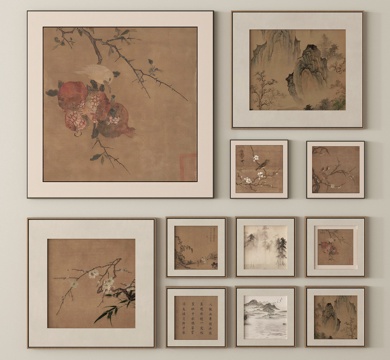 新中式挂画组合 装饰画 字画su模型