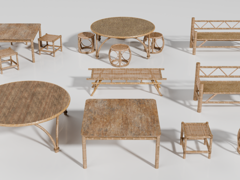 东南亚家具 竹子家具 竹桌 竹凳 竹椅su模型