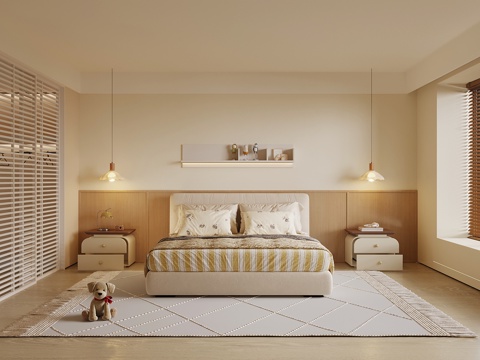 现代奶油风卧室 床 床头柜su模型