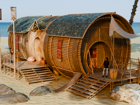 茅草屋 竹屋 木屋 树屋 海景打卡民宿 部落房屋su模型