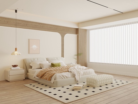 奶油风卧室 双人床su模型