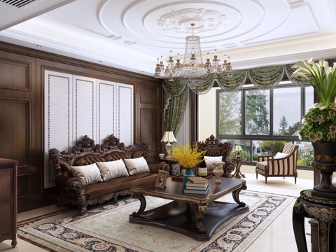  美式传统美式客餐厅全景 精品酒柜 橱柜 鱼缸 美式沙发3d模型 