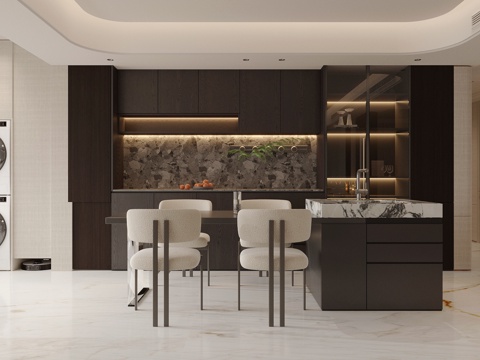  现代意式岛台餐厅 轻奢意式餐厅 开放式餐厅 岛台餐桌椅 餐椅3d模型 