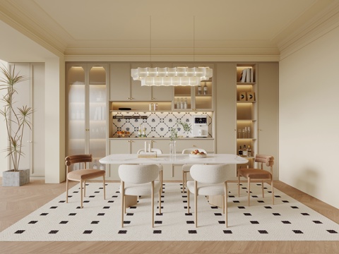 法式奶油风餐厅 餐桌椅 餐边柜 酒柜su模型