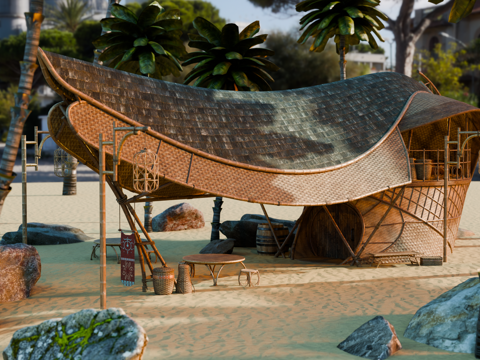 茅草屋 竹屋 木屋 树屋 海景打卡民宿 部落房屋su模型