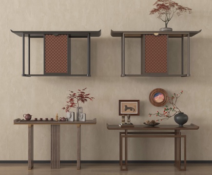新中式条案 端景台 装饰画 饰品摆件su模型