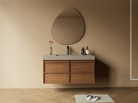 新中式悬浮式洗漱浴室柜 浅棕深木双色柜 椭圆镜su模型