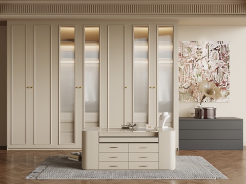 法式奶油风衣帽间 衣柜 岛柜 首饰柜su模型